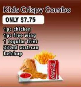 KIDS CRISPY COMBO- 1PC CHICKEN, 1PC FREE WING, 1 REGULAR FRIES,330ML CAN DRINK,KETCHUP