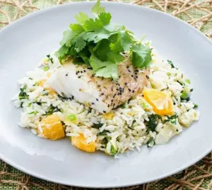 Butter poached fish fillet with lemon rice