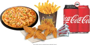PIZZA FEAST - Small Pizza/ Lrg Fries/ 4 Wings/ 2 Can Drinks/ 4 Sauce