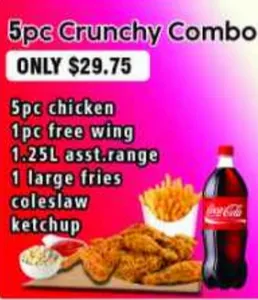 5PC CRUNCHY COMBO- 5PC CHICKEN, 1PC FREE WING,1.25L ASST. RANGE,1 LARGE FRIES,COLESLAW,KETCHUP