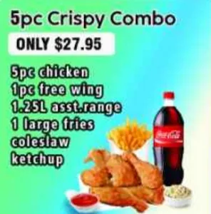 5PC CRISPY COMBO-5PC CHICKEN,1PC WING,1.25L ASST. RANGE,1 LARGE FRIES,COLESLAW,KETCHUP