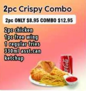 2 PC CRISPY COMBO-2PC CHICKEN,1 PC FREE WING,1 REGULAR FRIES,330ML ASST. CAN,KETCHUP