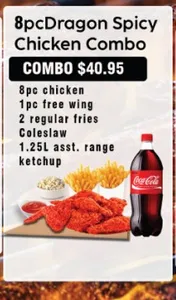 8PC DRAGON SPICY CHICKEN COMBO-8PC CHICKEN,1 PC FREE WING,2 REGULAR FRIES,COLESLAW,1.25L DRINK,KETCHUP